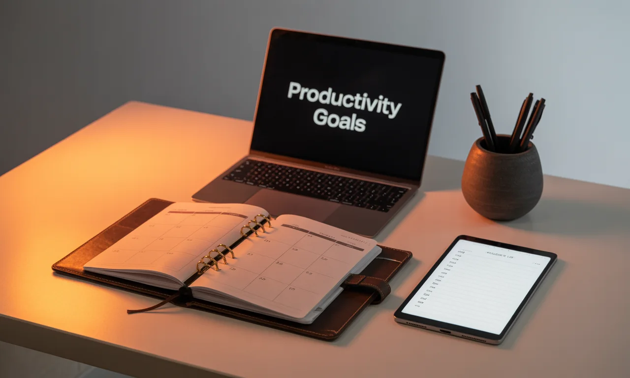 A laptop, diary, ipad on desk