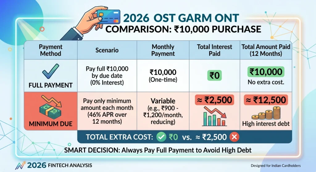 Table comparing ₹10,000 purchase: Full Payment (₹0 interest) vs Minimum Due (₹2,500 interest) over 12 months.