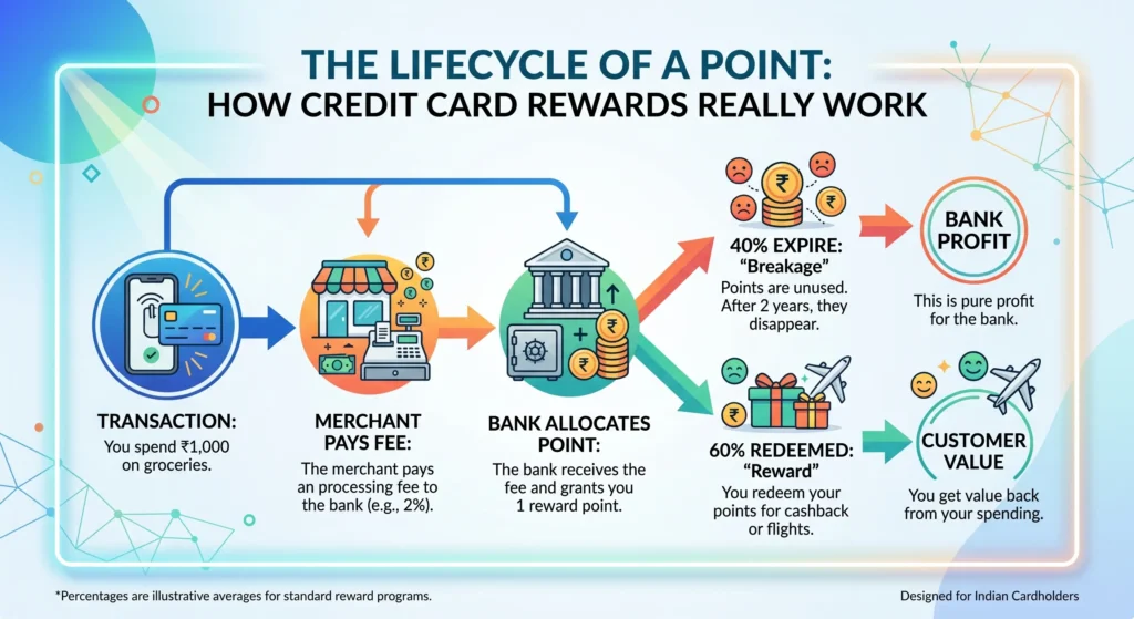 Flowchart of credit card points: Transaction to Merchant Fee, Bank allocation, then 40% Expire, 60% Redeemed.